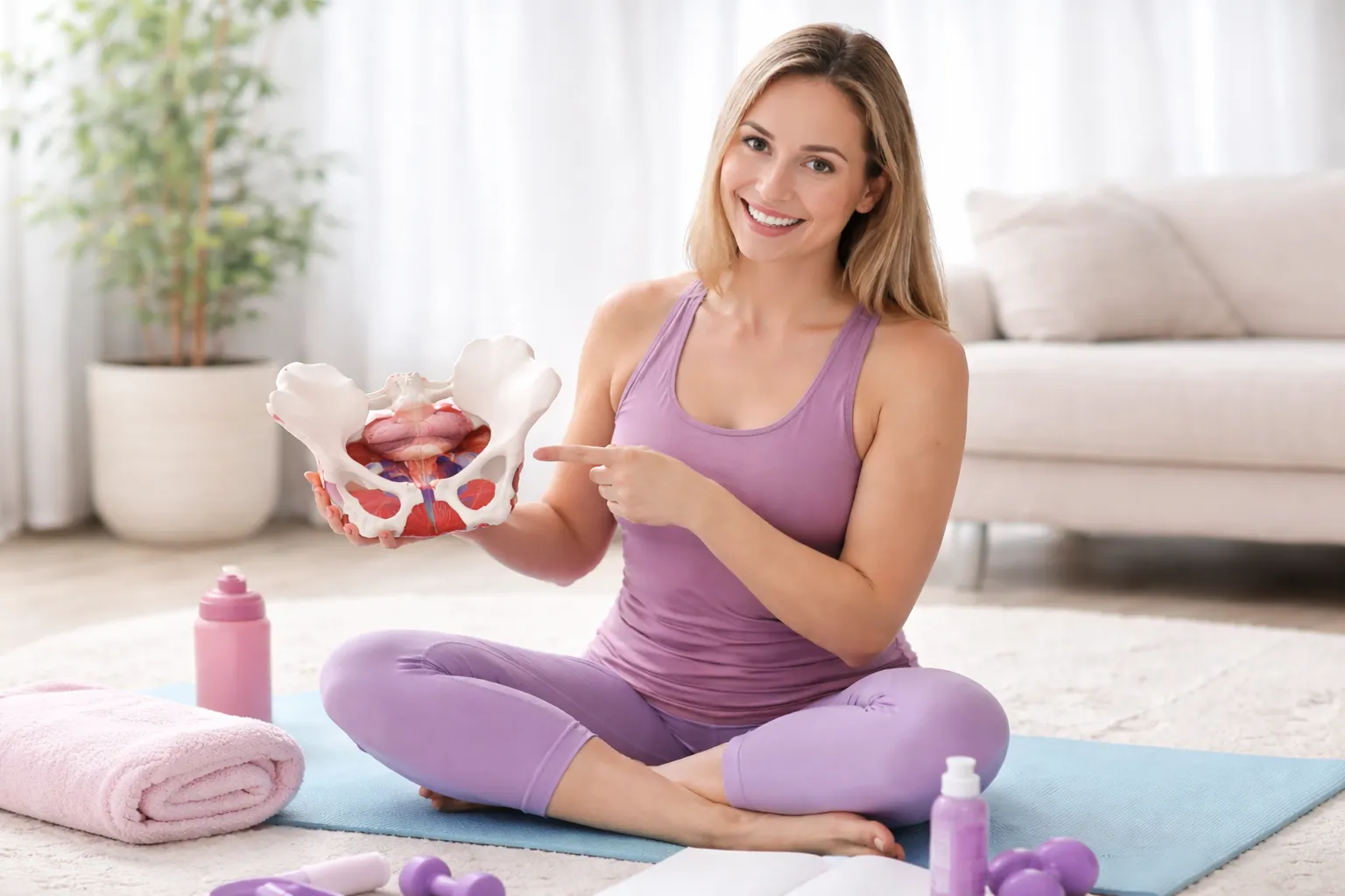 Woman holding a pelvic floor anatomy model during a wellness session